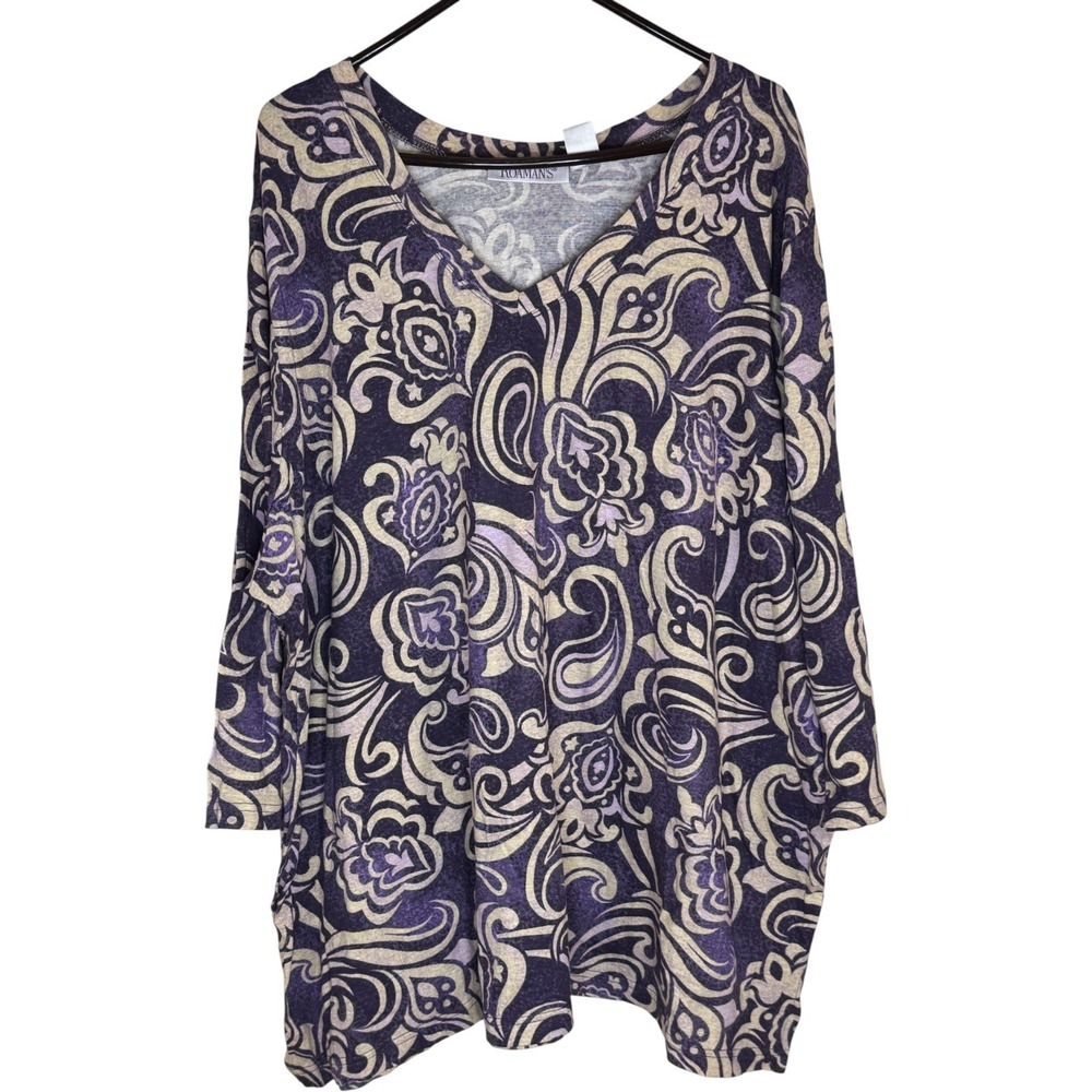 d&co Signature Womens Long Sleeve V Neck‎ Paisley Print Tunic Top Purple Tan M